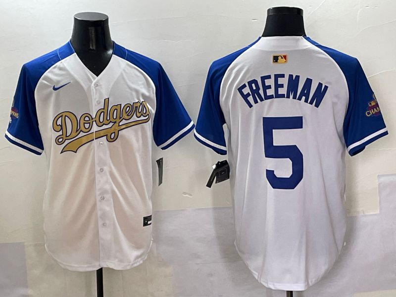 Men Los Angeles Dodgers #5 Freeman White Blue Champion gold character Nike 2025 MLB Jersey style 505